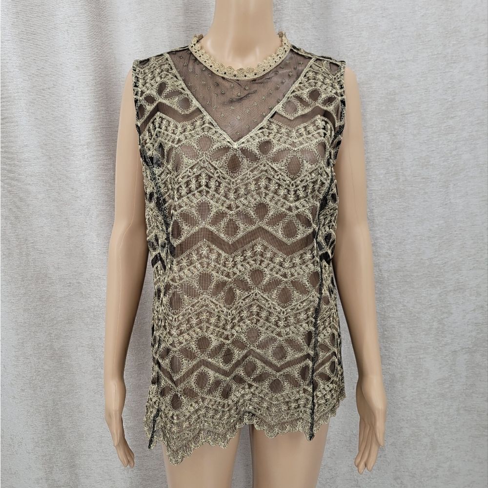 Elegant Vintage Black Mesh Lace Sleeveless Top Metallic Gold Embroidery Sheer